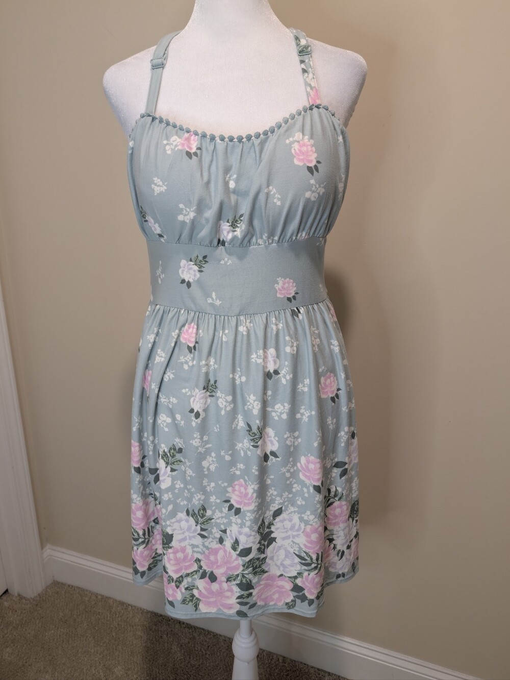 No Boundaries Sage Floral Halter Mini Dress with Pink Roses